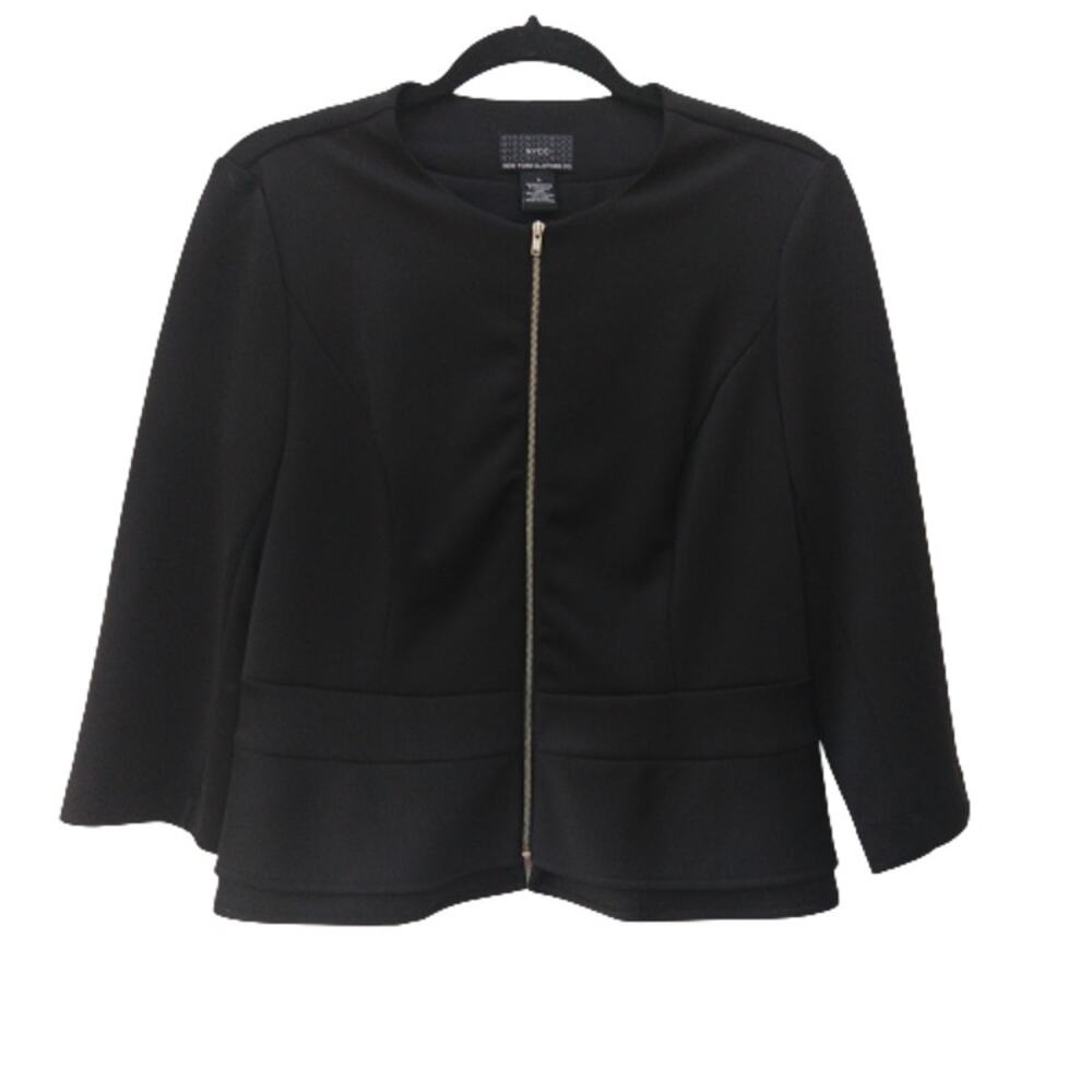 NYCC Blazer Jacket Women's Small Black Full Zip 3/4 Sleeve Peplum in Back